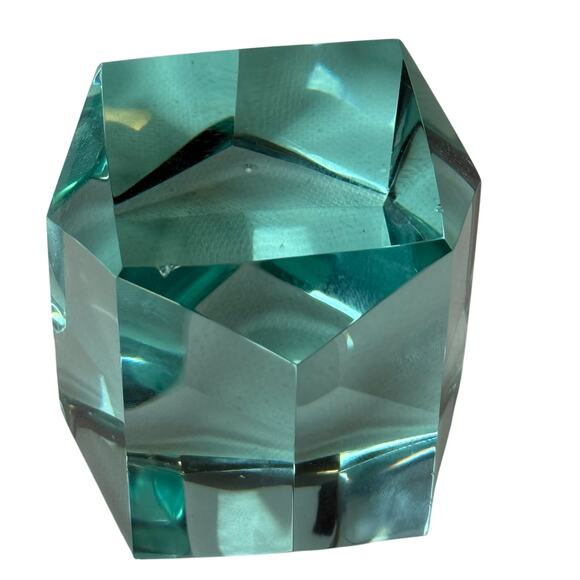 Faceted Aqua Glass Cube Paperweight 2.5" Heavy Gem Cut Desk Decor - Picture 2 of 6